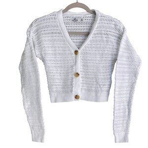 Hollister Pointelle Cropped Cardigan Sweater White Button Coquette Y2K Preppy-XS